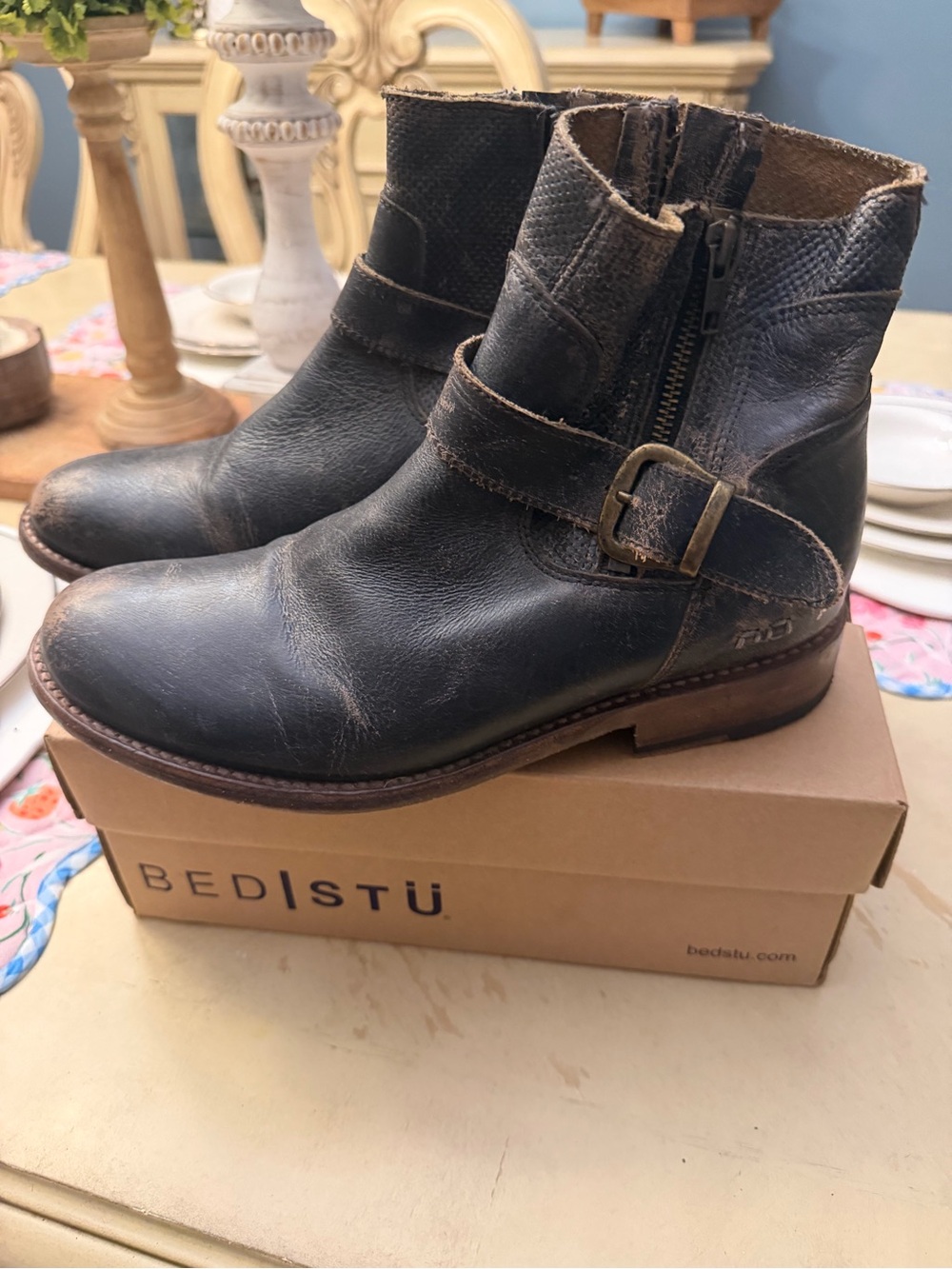 BED|STU Black Leather Harness Ankle Boots with Brass Buckle